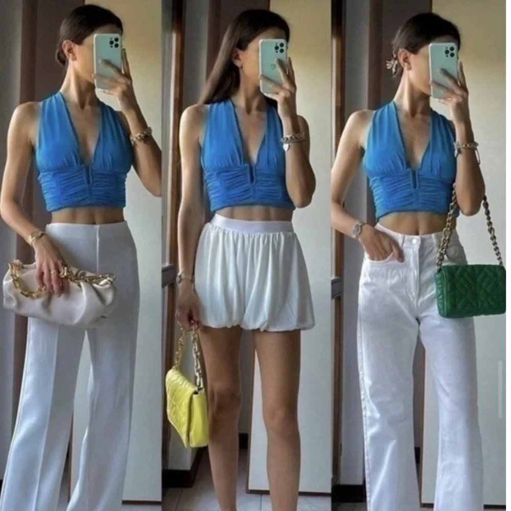 Zara blue ruched deep plunge V-neck halter crop top crisscross open back Sz XL - Picture 1 of 13